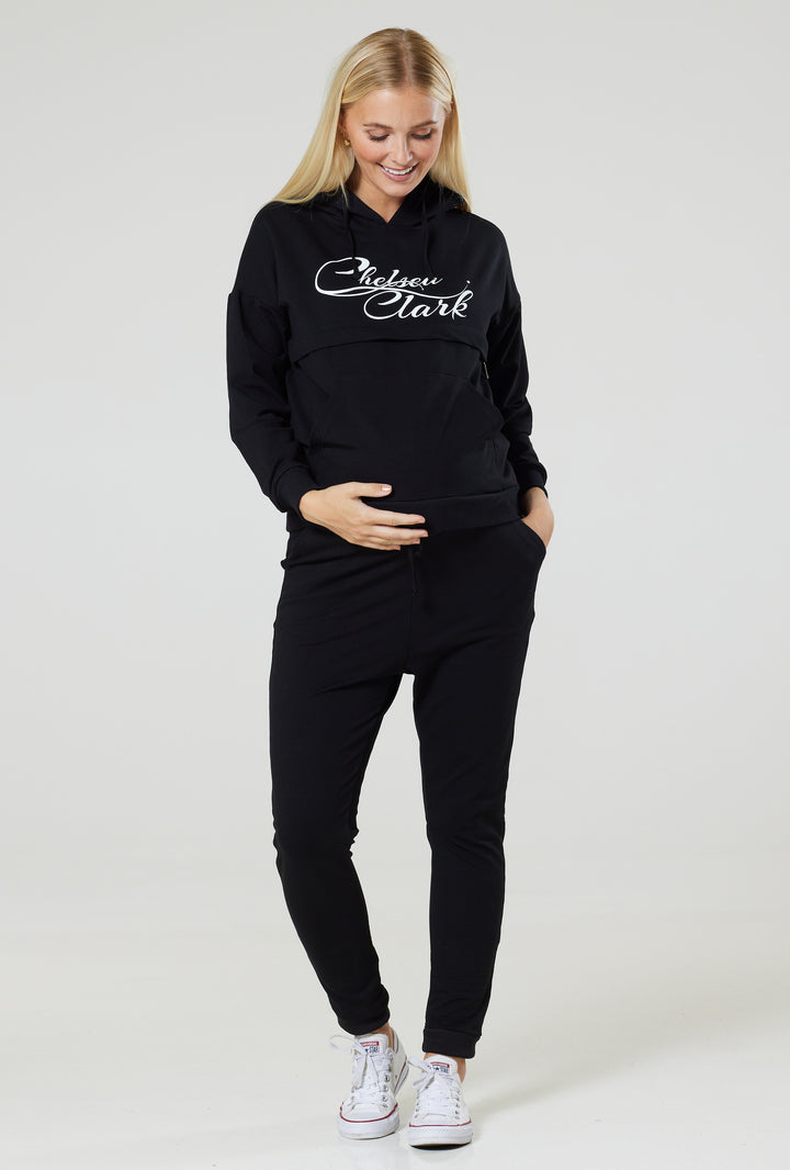 Komplet Dresowy: Joggersy + Bluza Ciążowa i do Karmienia z Logo Chelsea Clark