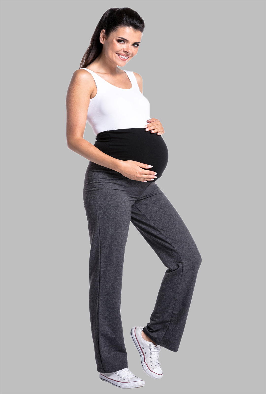 Dresowe Spodnie Ciążowe z Elastycznym Panelem - Długa Nogawka